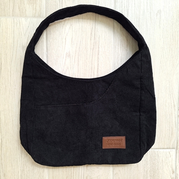 Black corduroy slouch hobo shoulder bag with front pocket and snap closure  NWOT - Picture 1 of 13